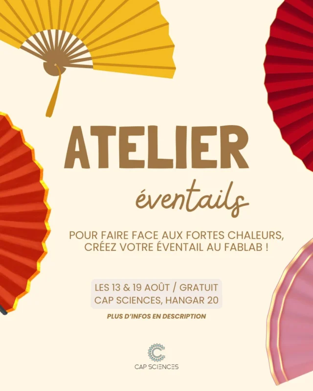 RDV les 13 et 19 août pour un atelier FabLab ouvert à toutes et tous ! 🪭

C'est le retour des fortes chaleurs cette semaine. Alors quoi de mieux que de pouvoir fabriquer son propre éventails avec le tissu de son choix ? 🤗

Vous pouvez ramener votre propore tissu :
👉 non extensible
👉 en format A4
Ou prendre ceux disponibles au FabLab de Cap Sciences.

📍 Atelier en continu de 14h à 19h à Cap Sciences - Gratuit