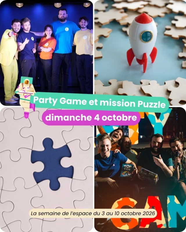À l’occasion de la Semaine de l’Espace, préparez-vous pour une après-midi entre puzzles, astronomie et improvisation à la Médiathèque et à l'auditorium Michel Sainte-Marie ! 🪐

🧩 14h — Assemblez l’Univers, pièce par pièce !
En famille ou entre amis, formez votre duo et relevez le défi d’une compétition de puzzles de 500 pièces sur le thème de l’espace. Observation, stratégie et esprit d’équipe seront vos meilleurs alliés pour décrocher la victoire 🏆

+ d'infos :
- Équipe de 2 et un participant de +16 ans est obligatoire dans l’équipe et conseillé à partir de 8 ans.
- A la Médiathèque Michel de Sainte-Marie 
- Début à 14h et durée 2h
- Gratuit, sur inscription sur le site de la médiathèque

🎭 16h30 — PARTY GAME : embarquez pour une mission d’impro spatiale !
Après les puzzles, place à un spectacle d’improvisation interactif où vous prenez les commandes ! Répartis en équipes, vous allez voter, enquêter, influencer les histoires et marquer des points grâce à des télécommandes connectées. Inspiré de jeux comme Dixit, Top Ten, Petits Meurtres et Faits Divers ou Le Fictionnaire, PARTY GAME revisite ces univers à la sauce spatiale. 🌌🎮

+ d'infos : 
- Durée : 1h30
- A l'auditorium, Médiathèque Michel de Sainte-Marie 
- Gratuit, sur inscription sur le site de la médiathèque