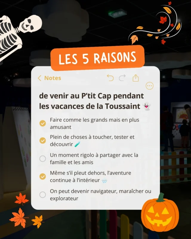 👀 Les vacances de la Toussaint sont là… et si on en profitait pour faire le plein de découvertes ?

Au P’tit Cap, les petits monstres entre 3-6 ans peuvent explorer, manipuler, expérimenter et laisser parler leur curiosité. 🧪
Bref, ici, on a le droit de toucher à tout… 😉

 Rendez-vous au P’tit Cap, à Cap Sciences, pendant les vacances !